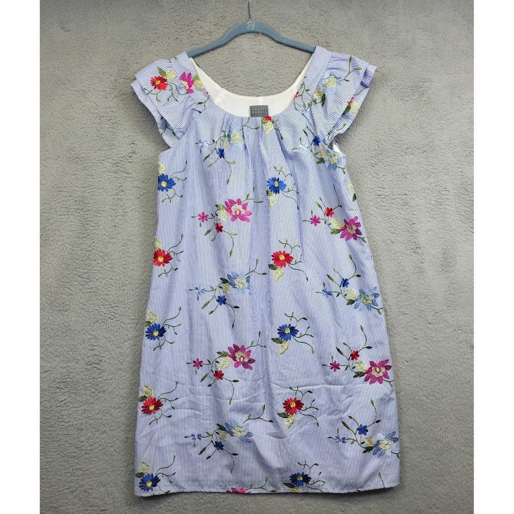 Rabbit Designs Dress Womens‎ 14 Blue Striped Floral Embroidered Lined Grannycore